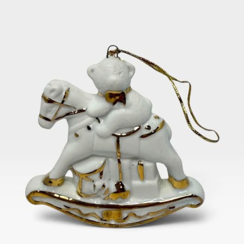 Vintage Porcelain Teddy Bear Rocking Horse Ornament White Gold Trim Ceramic Toy
